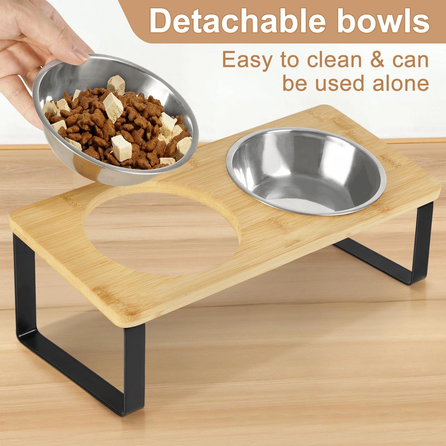 🐾 15° Tilted Elevated Pet Feeder – Raised Bowls with Wooden Stand for Cats & Small Dogs