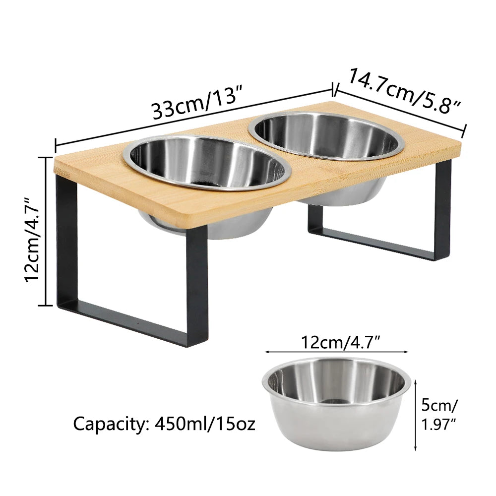 🐾 15° Tilted Elevated Pet Feeder – Raised Bowls with Wooden Stand for Cats & Small Dogs