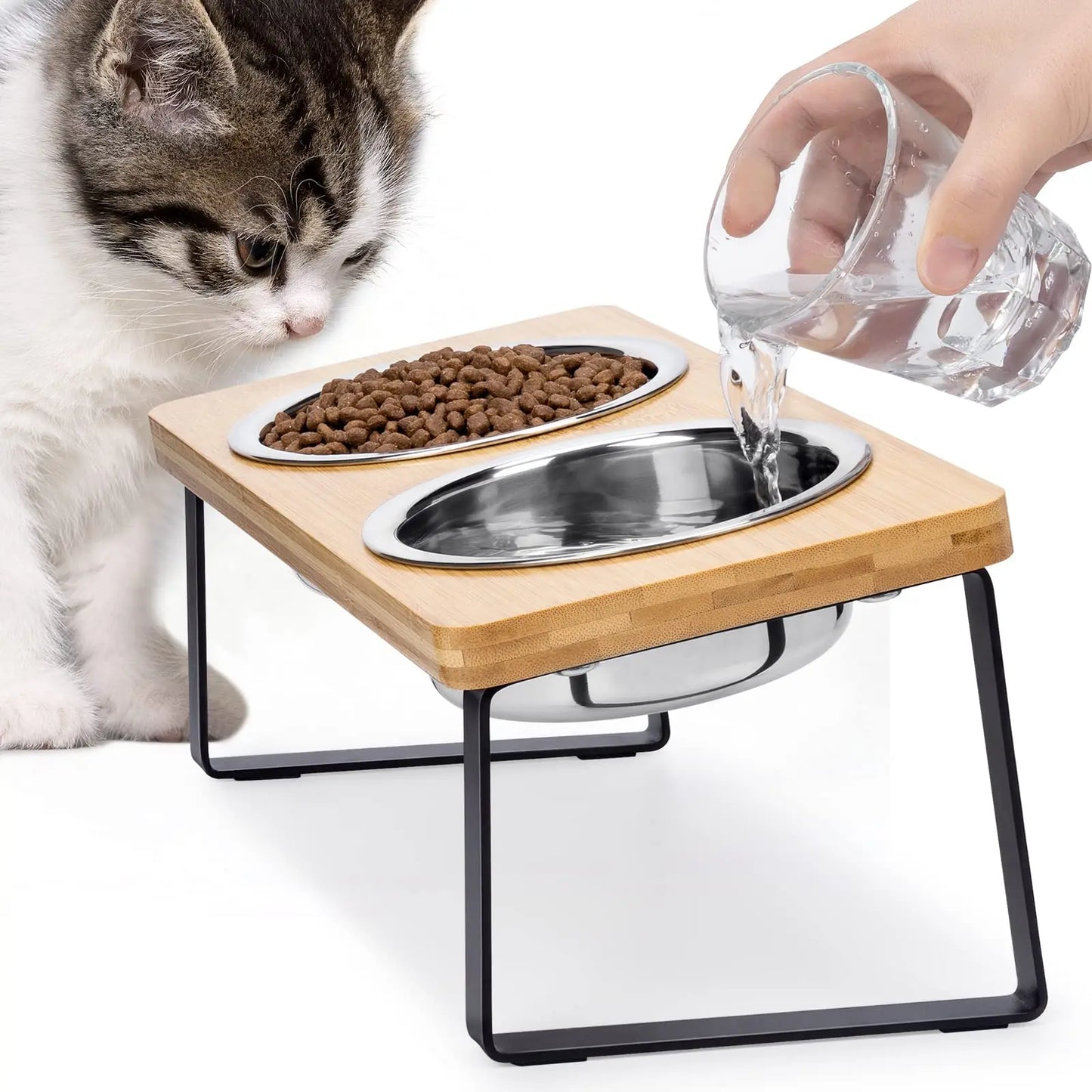 🐾 15° Tilted Elevated Pet Feeder – Raised Bowls with Wooden Stand for Cats & Small Dogs