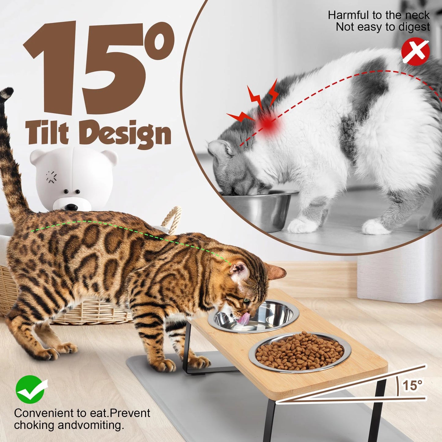 🐾 15° Tilted Elevated Pet Feeder – Raised Bowls with Wooden Stand for Cats & Small Dogs