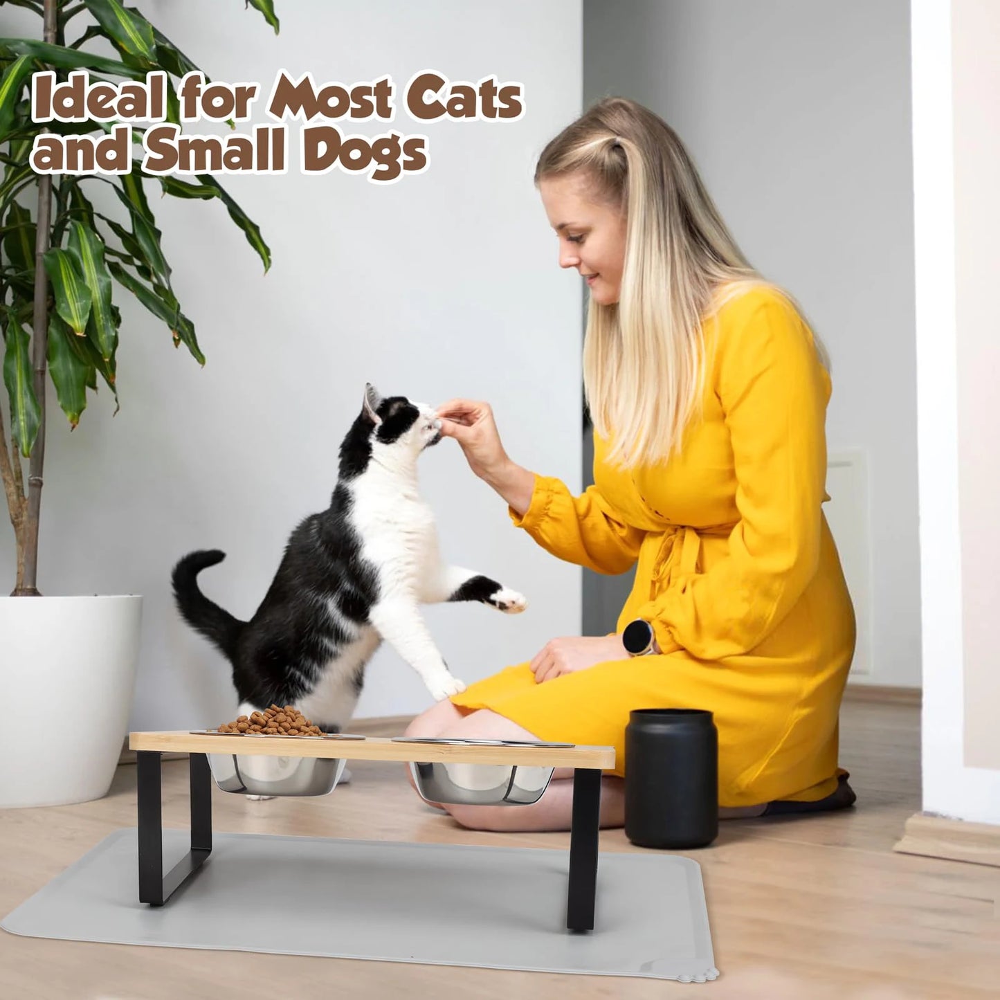 🐾 15° Tilted Elevated Pet Feeder – Raised Bowls with Wooden Stand for Cats & Small Dogs