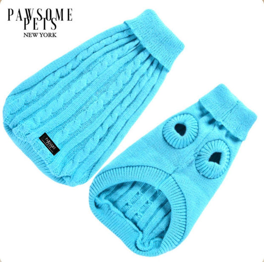 Dog and Cat Cable Knit Sweater - Sky Blue