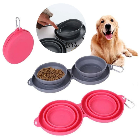 Foldable Double Pet Feeding Bowl – Portable Rubber Design