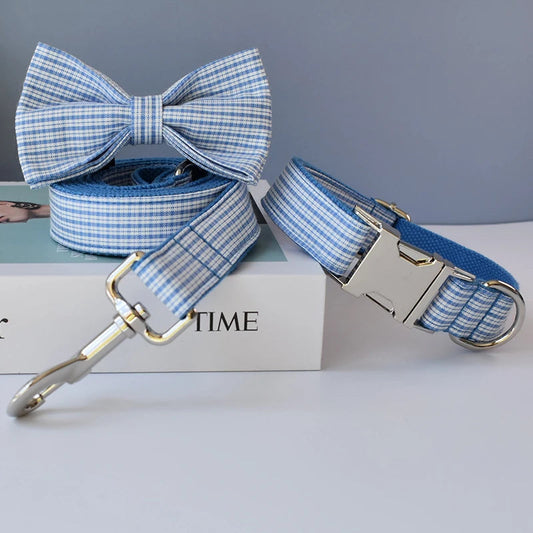 Blue Grid Pet Leash 🐾 Free Engraved Name ID Tag