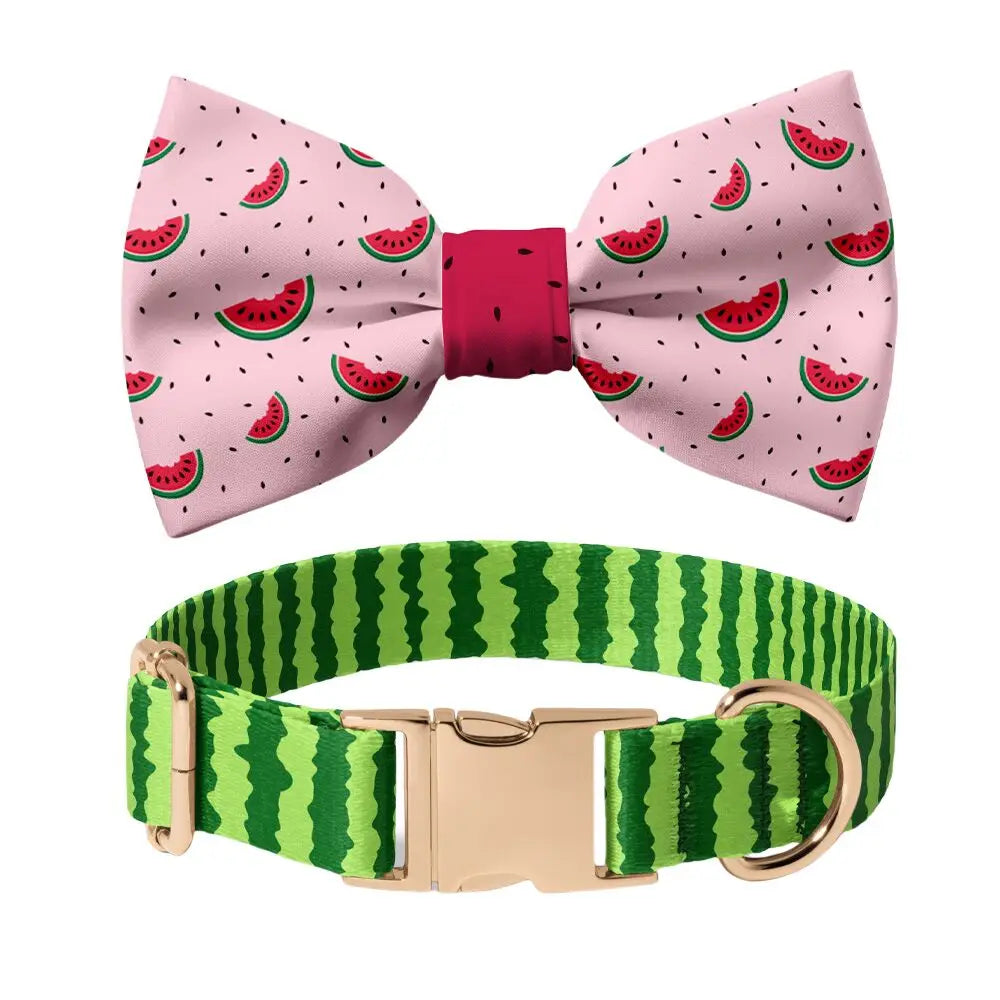 Summer Watermelon Dog Collar 🍉 Bowtie & Leash Set 🎀 Custom Engraved Metal Buckle 🐶