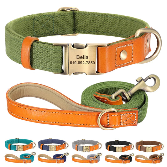 Customized Dog Collar & Leash Set 🐾 Nylon + Leather with ID Tag 🏷️ Anti-Lost Buckle