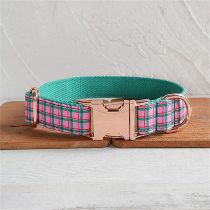 Collier pour chien personnalisé avec gravure gratuite, laisse assortie, boucle métallique à contacts personnalisés, collier à carreaux rose vert