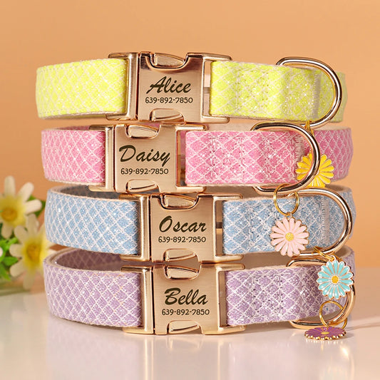 Personalized Bling Dog Collar ✨ Plaid Buckle & Cute Flower Pendant 🌸