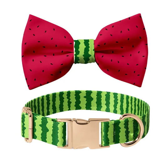 Summer Watermelon Dog Collar 🍉 Bowtie & Leash Set 🎀 Custom Engraved Metal Buckle 🐶
