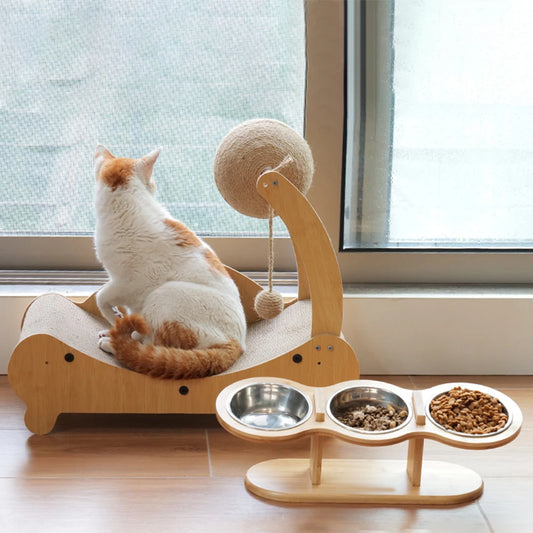 Adjustable Raised Pet Bowl Set 🐾 Tilted Wooden Stand with 3 Stainless Steel Bowls 🍽️