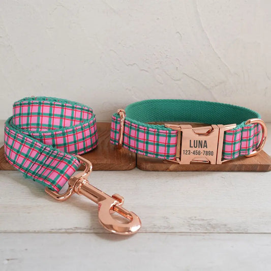 🎀 Personalized Plaid Dog Collar & Leash Set – Free Engraving 🐾