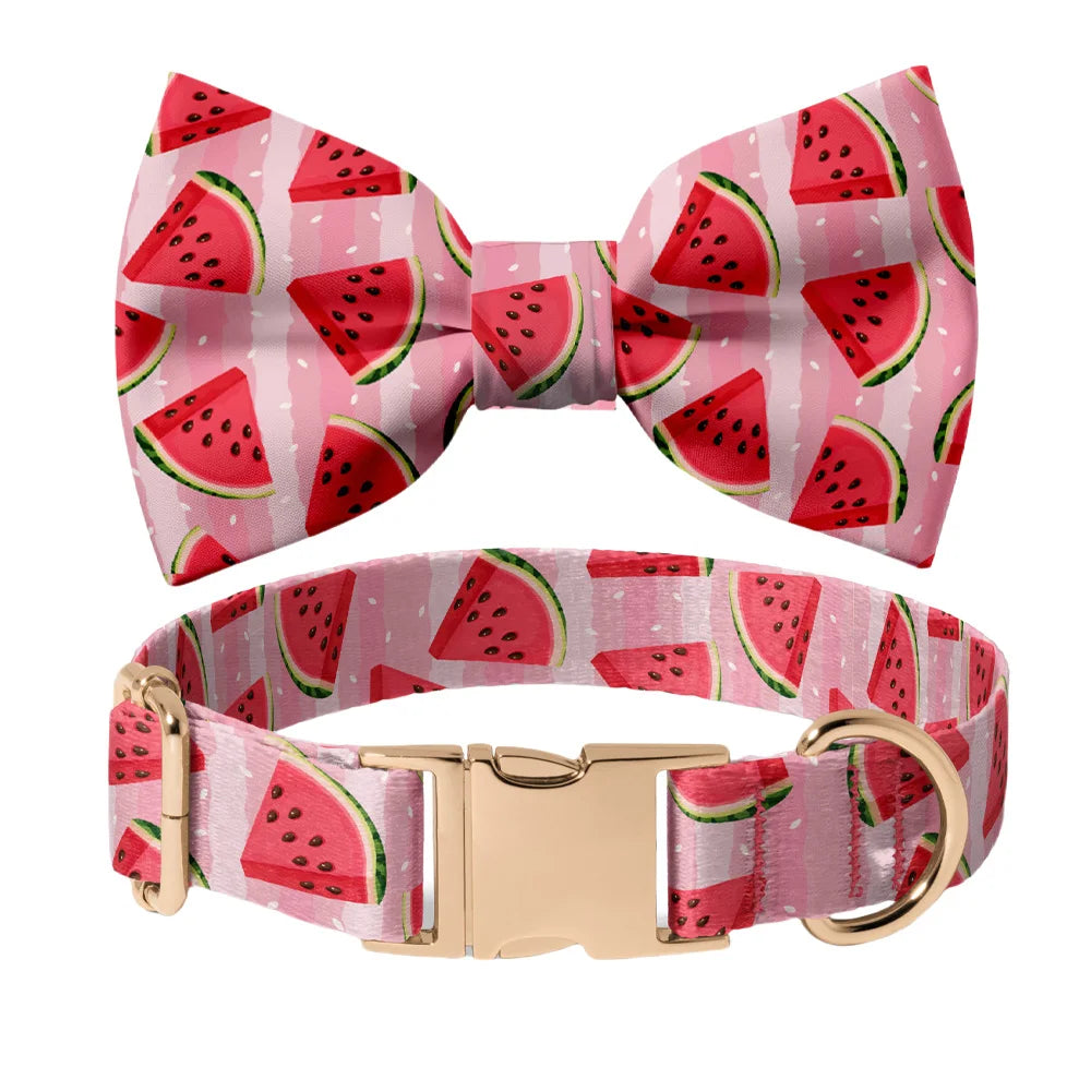 Summer Watermelon Dog Collar 🍉 Bowtie & Leash Set 🎀 Custom Engraved Metal Buckle 🐶
