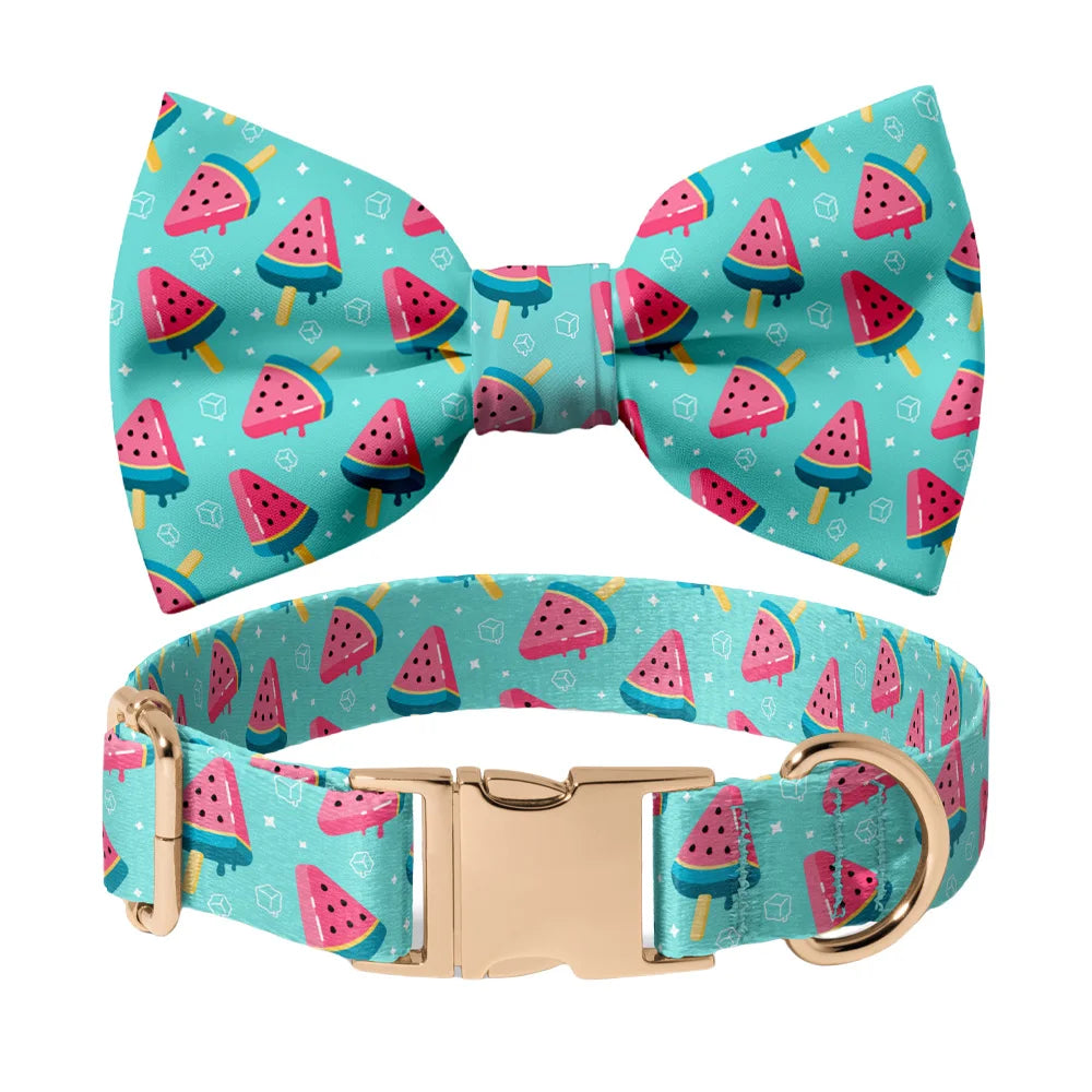 Summer Watermelon Dog Collar 🍉 Bowtie & Leash Set 🎀 Custom Engraved Metal Buckle 🐶