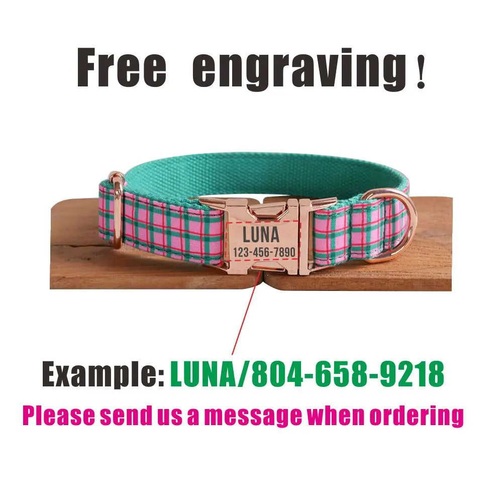 Collier pour chien personnalisé avec gravure gratuite, laisse assortie, boucle métallique à contacts personnalisés, collier à carreaux rose vert